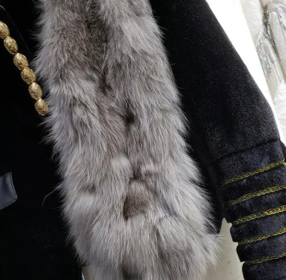Runway New Warm Winter Women Faux Leather Jacket Coat Loose Faux Fox Fur Coats Casual Golden Line Chain Bottons Cool Coats