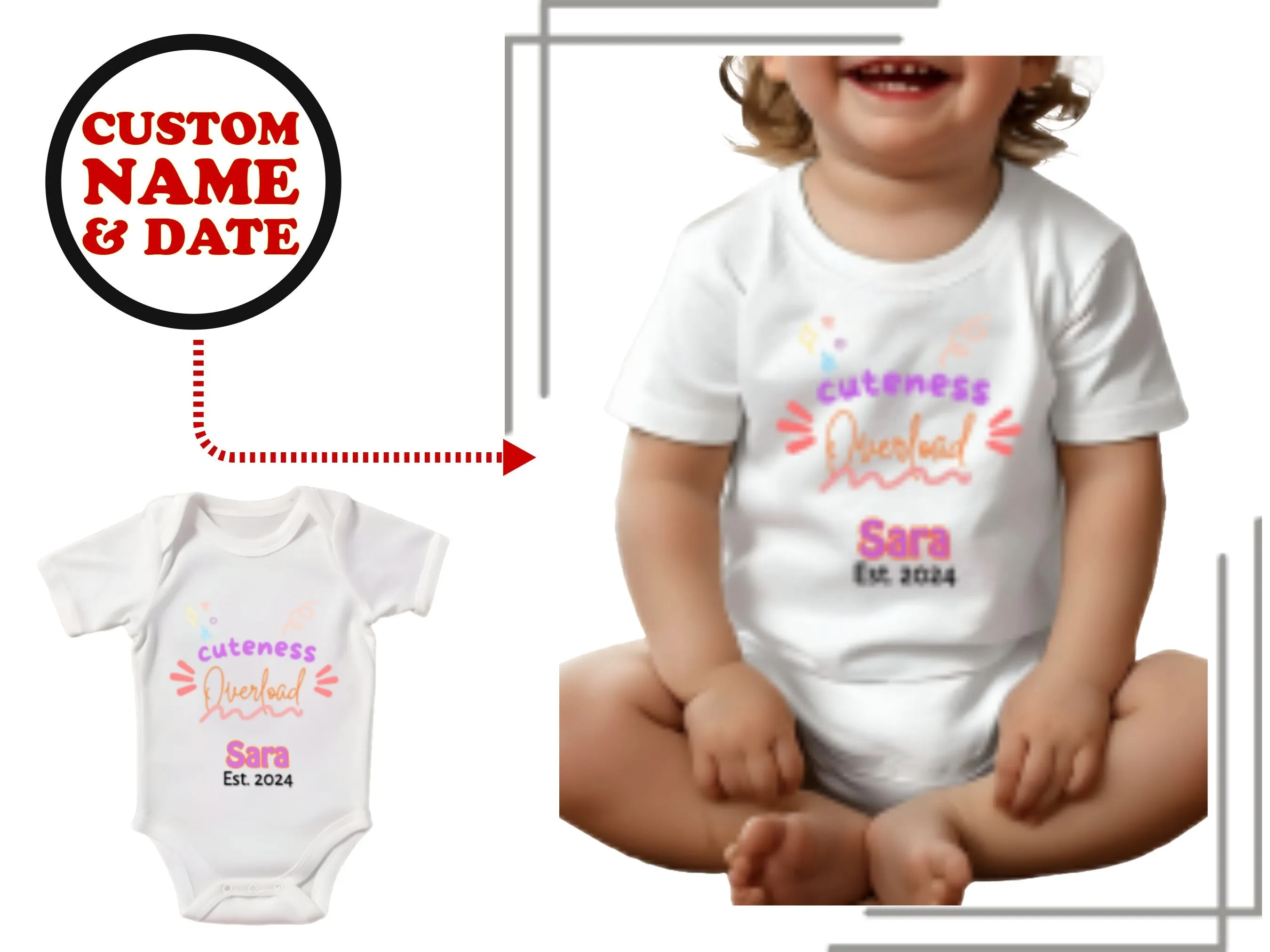 Short sleeve Custom Name Baby Grow with Cuteness Overload for Baby Girls