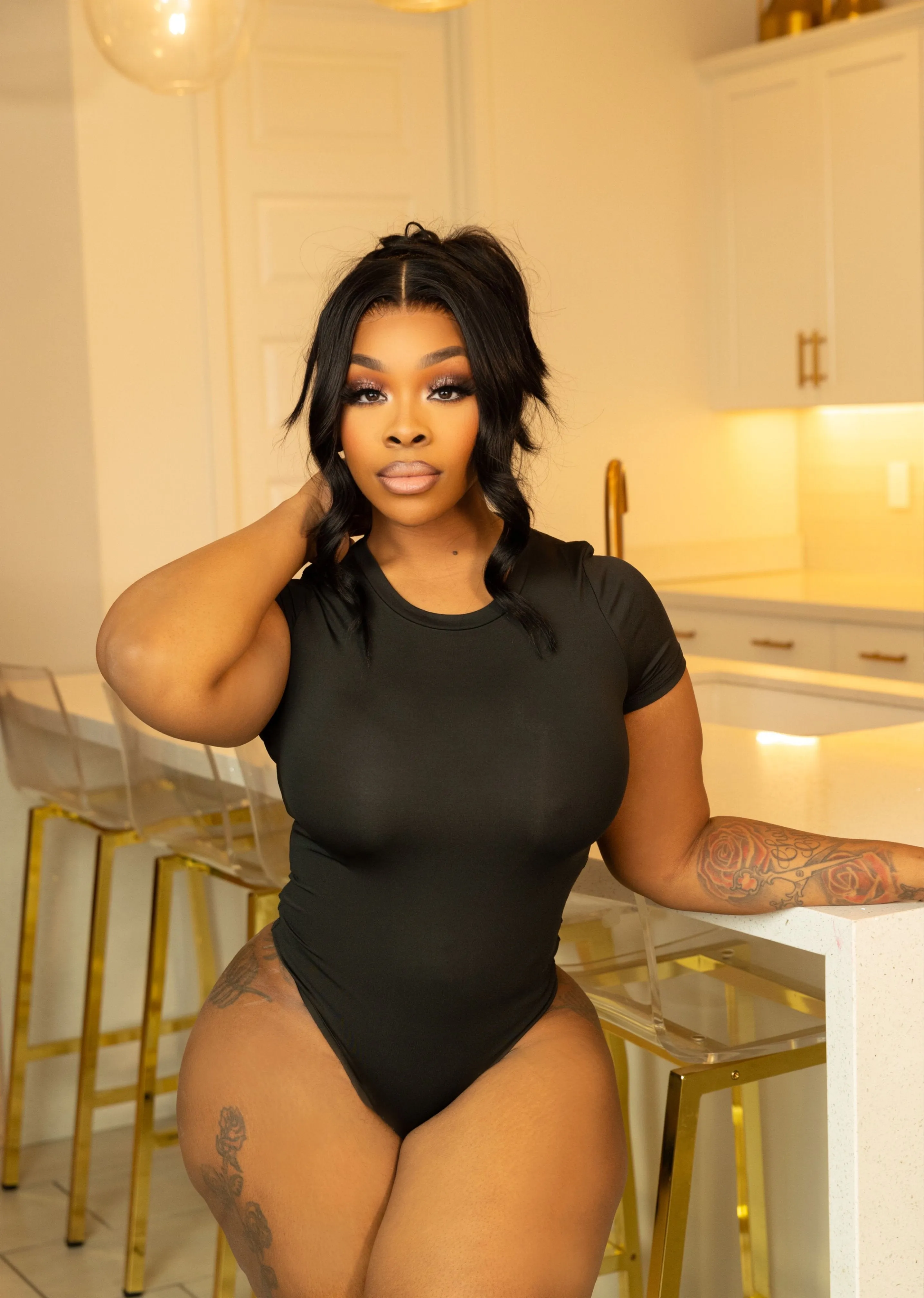 Short Sleeve Mock Neck Bodysuit- Black