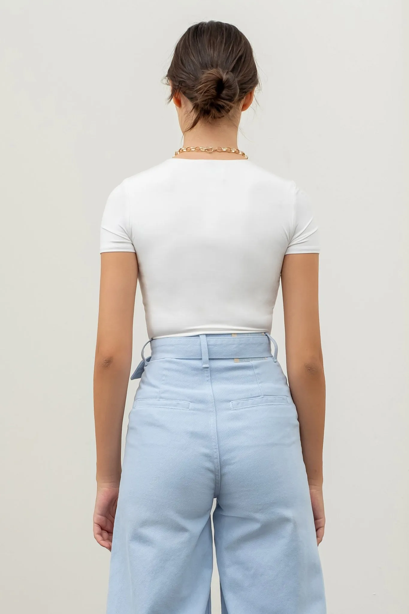 Shortsleeve Round Neck Knit Bodysuit, White