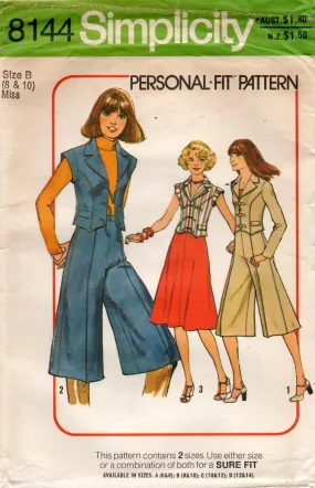 Simplicity 8144 Womens Gauchos Skirt & Vest/Jacket 1970s Vintage Sewing Pattern Size 8 & 10 UNCUT Factory Folded
