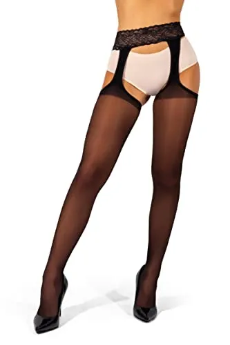 sofsy Suspender Black Tights for Women Plus Size [Made in Italy] 20 Den Sheer Pantyhose - Mock Garter Belt Nylons XL