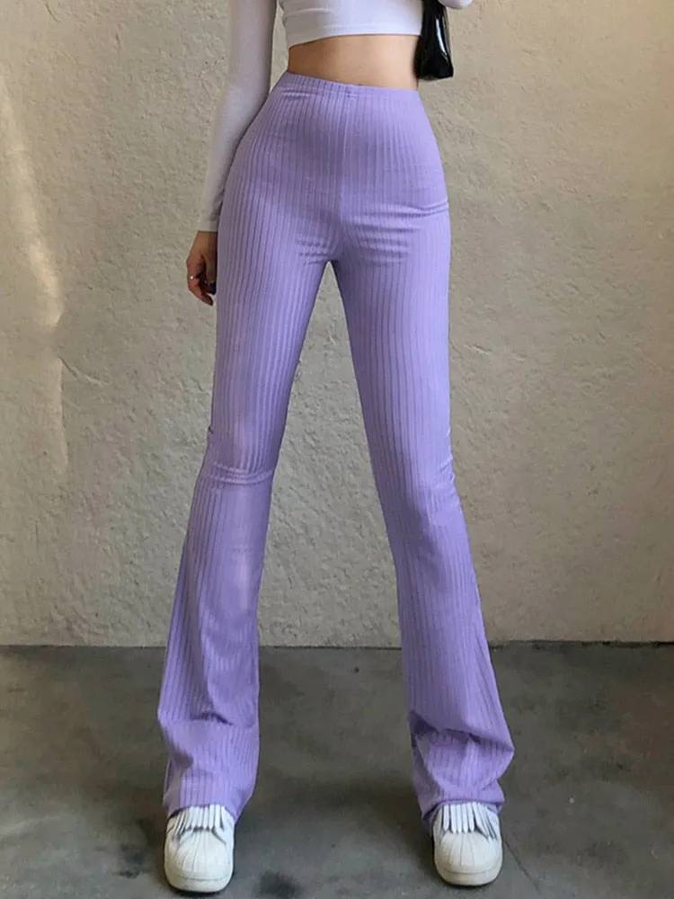 Sonicelife 2024 Autumn New Fall Outfits Solid Hot Y2k Woman Pants E Girl Aesthetic Fashion Streetwear Women Clothes Slim High Waist Capris  Bell Bottom Flare Tights