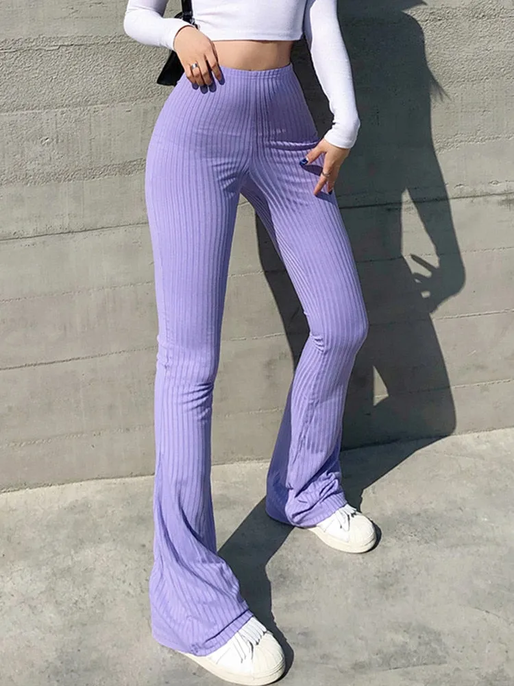 Sonicelife 2024 Autumn New Fall Outfits Solid Hot Y2k Woman Pants E Girl Aesthetic Fashion Streetwear Women Clothes Slim High Waist Capris  Bell Bottom Flare Tights