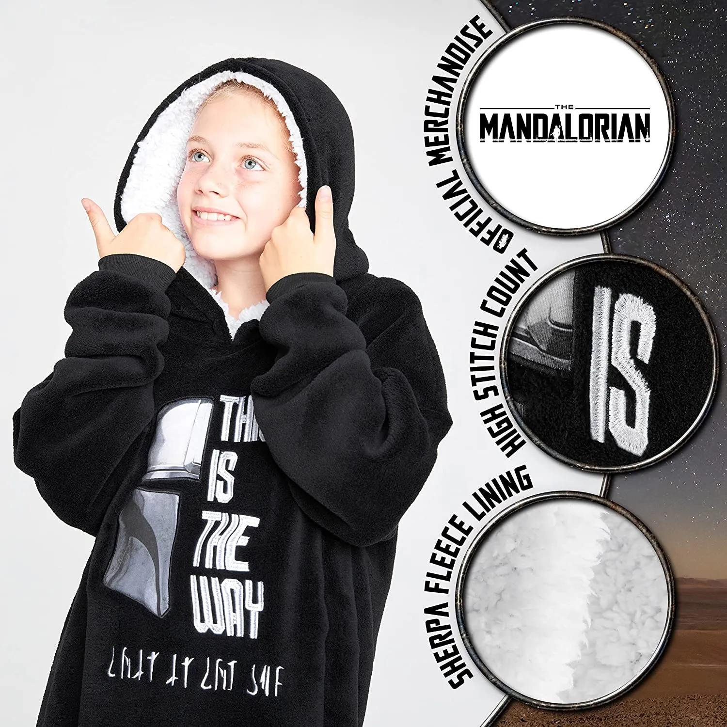 The Mandalorian Boys Oversized Blanket Hoodie, BLACK Fleece Wearable Blanket