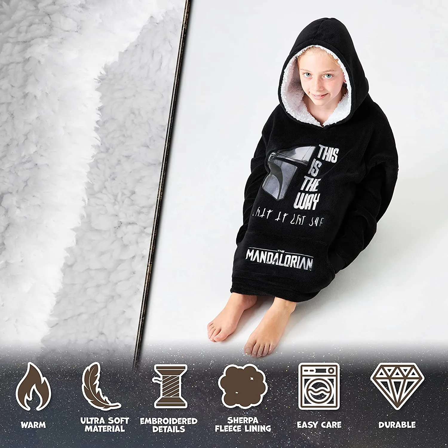 The Mandalorian Boys Oversized Blanket Hoodie, BLACK Fleece Wearable Blanket