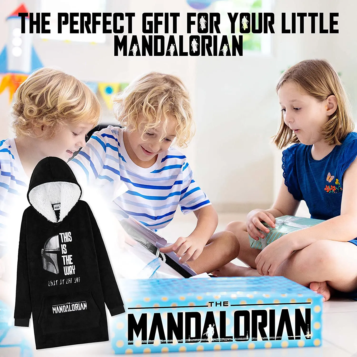 The Mandalorian Boys Oversized Blanket Hoodie, BLACK Fleece Wearable Blanket