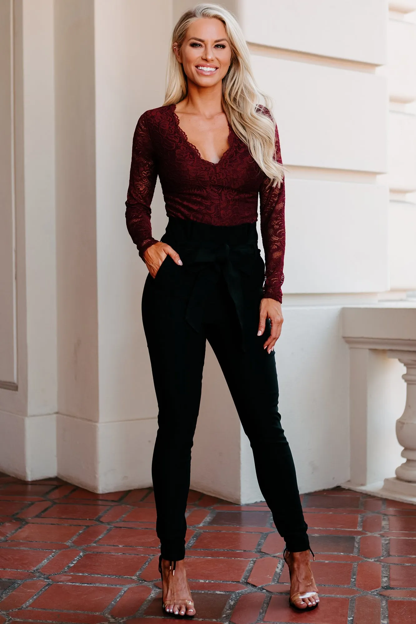 Touch Of Perfection Long Sleeve Lace Bodysuit (Burgundy)
