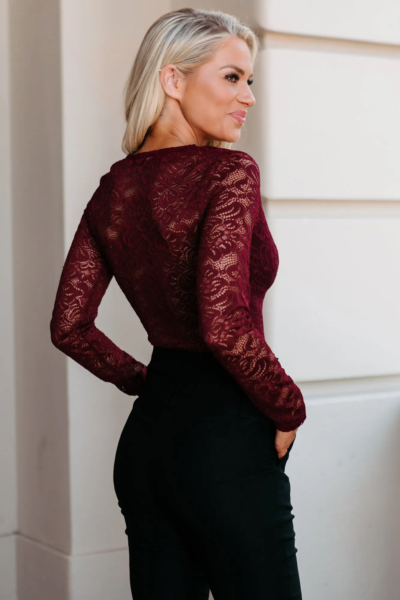 Touch Of Perfection Long Sleeve Lace Bodysuit (Burgundy)