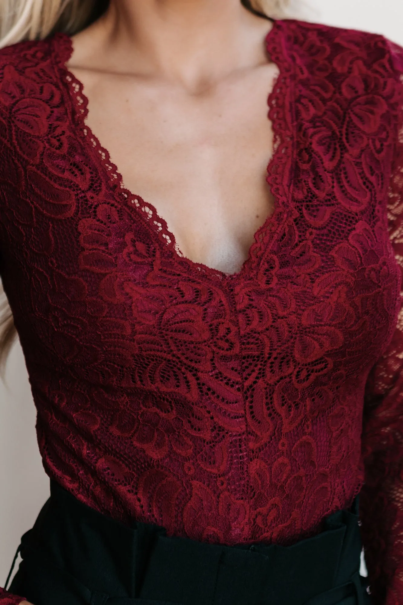 Touch Of Perfection Long Sleeve Lace Bodysuit (Burgundy)