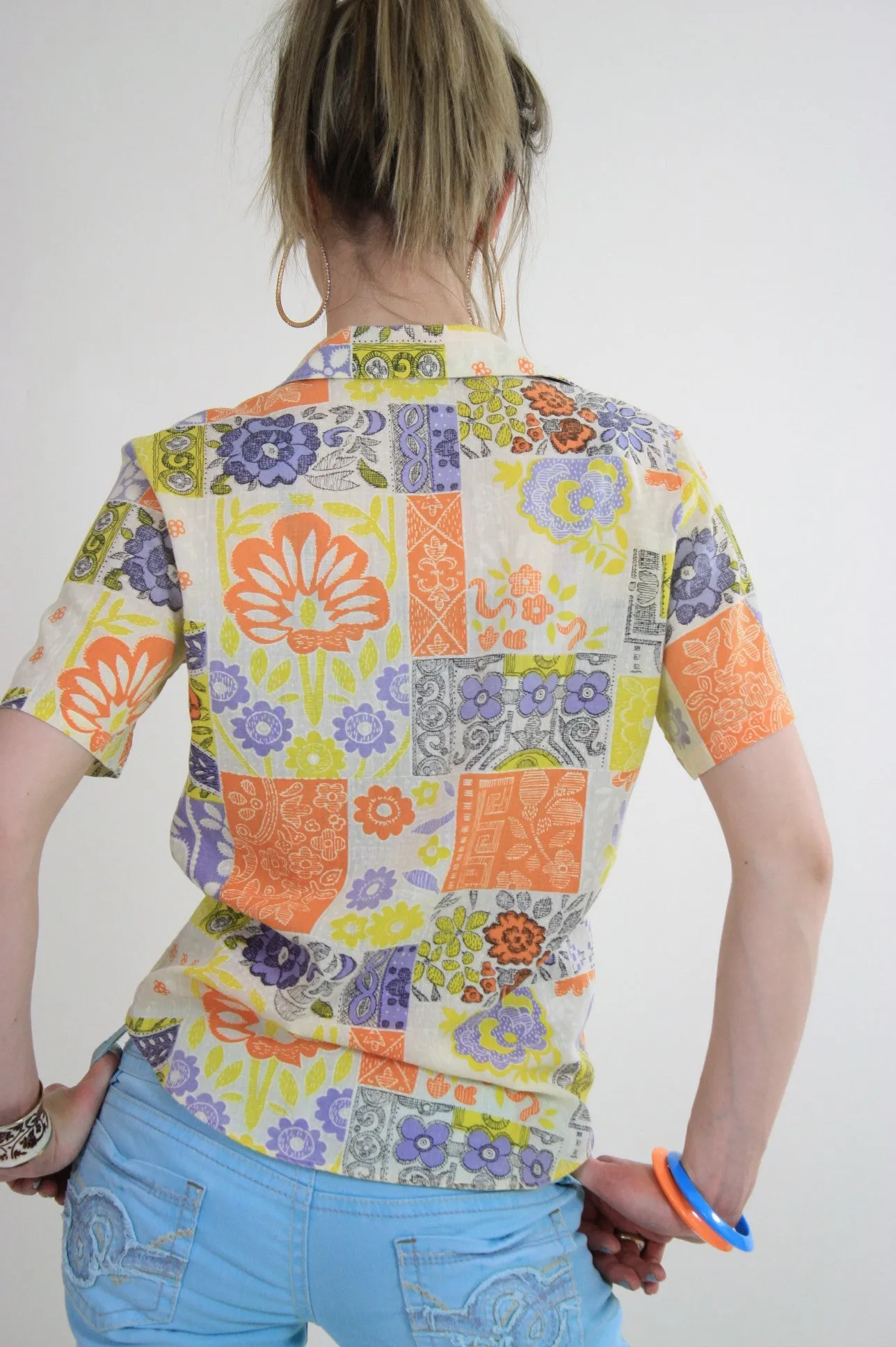 Vintage 60s top blouse button down neon patchwork