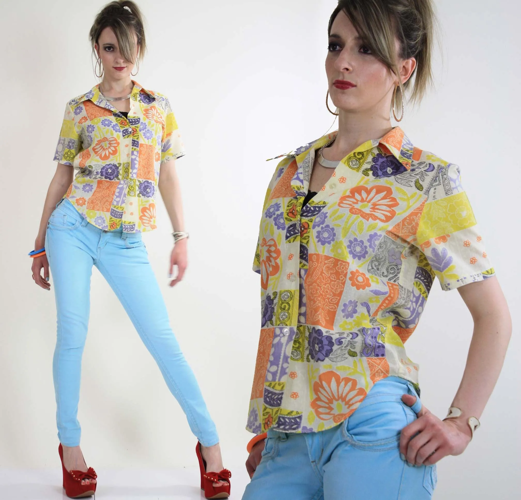 Vintage 60s top blouse button down neon patchwork