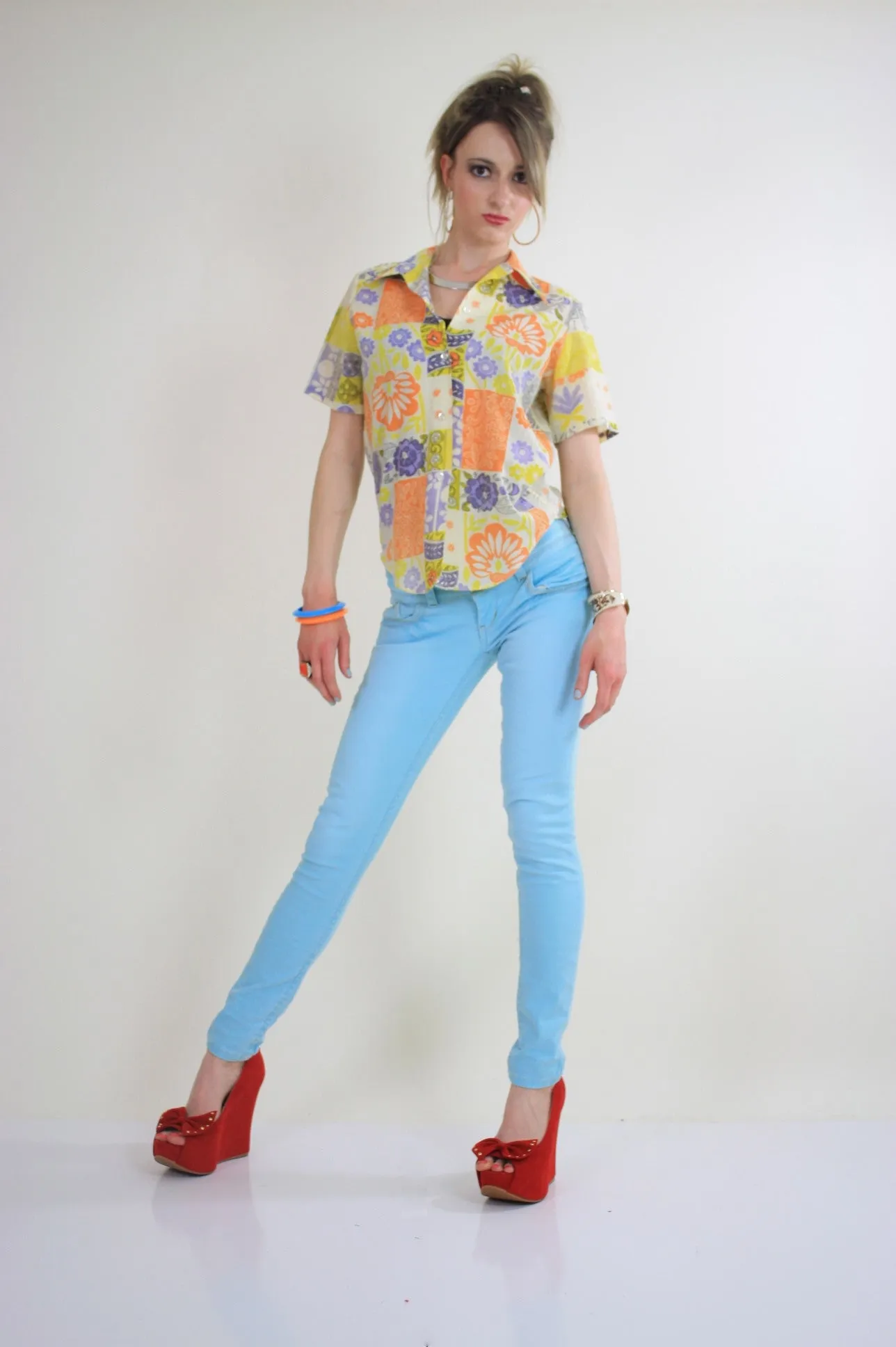 Vintage 60s top blouse button down neon patchwork