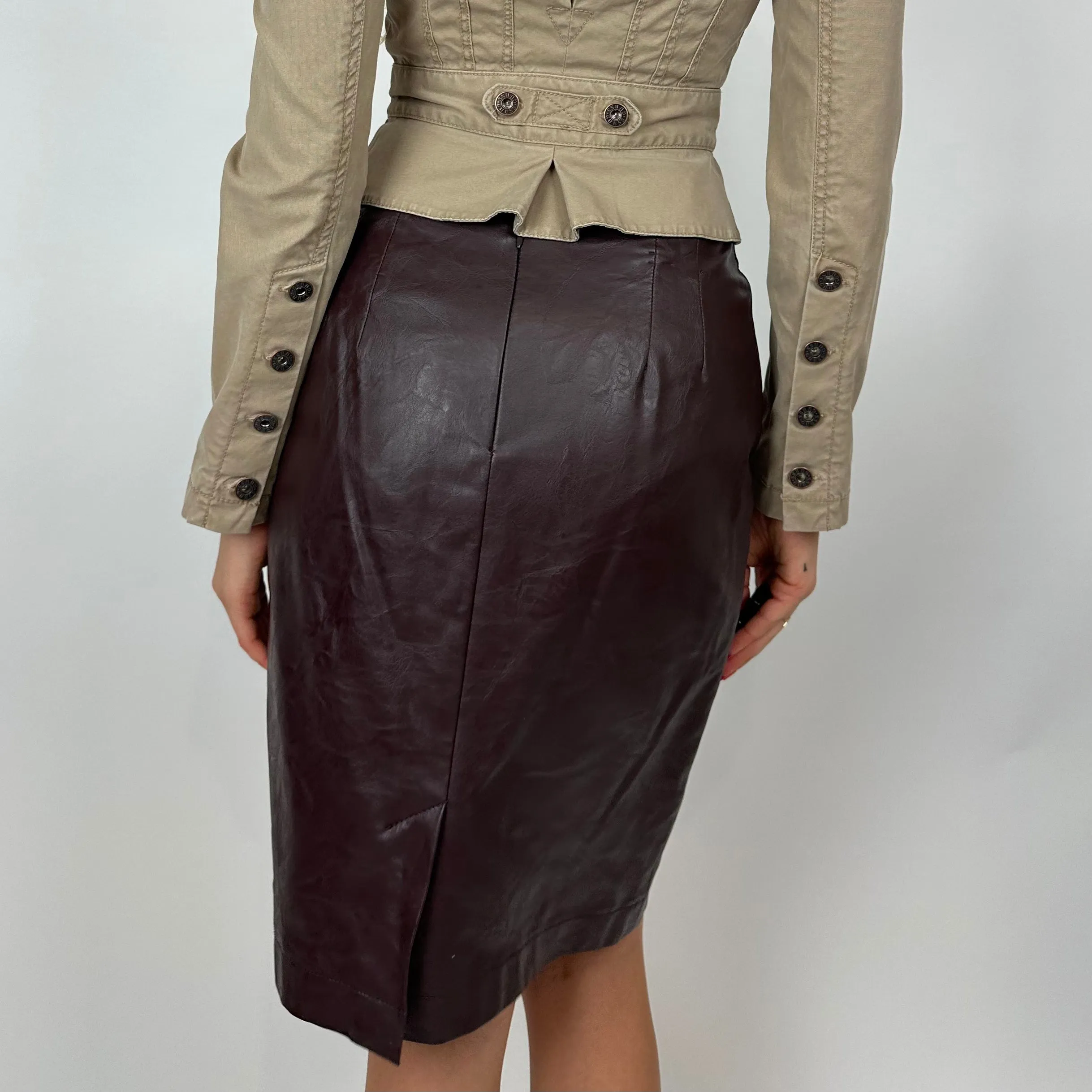 Vintage 90's Wine Burgundy Faux Leather Midi Skirt (size 4)