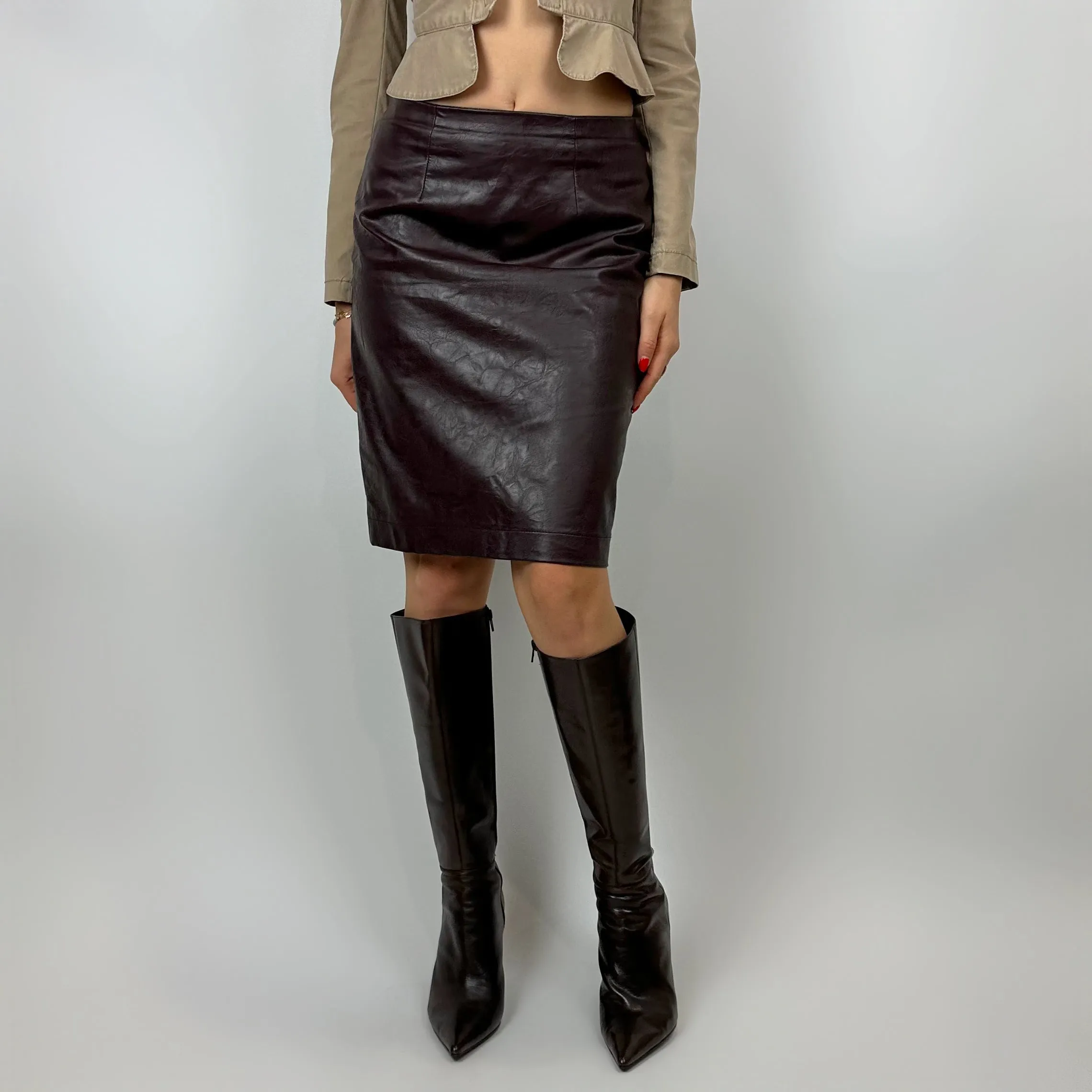 Vintage 90's Wine Burgundy Faux Leather Midi Skirt (size 4)