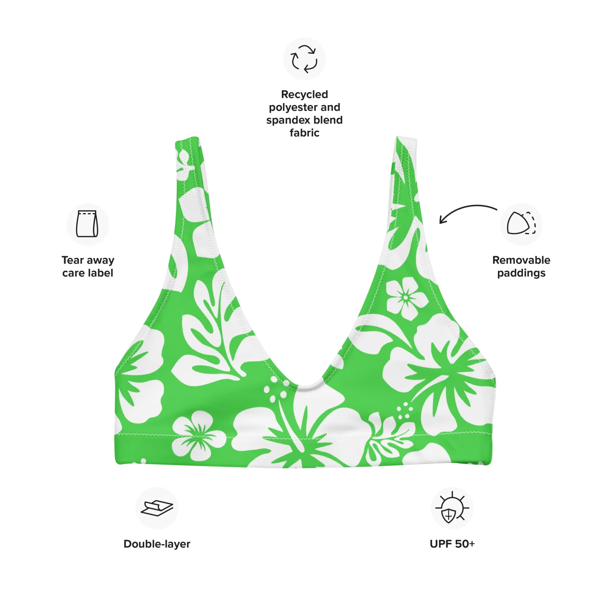 White Hawaiian Flowers on Lime Green Halter Bikini Top