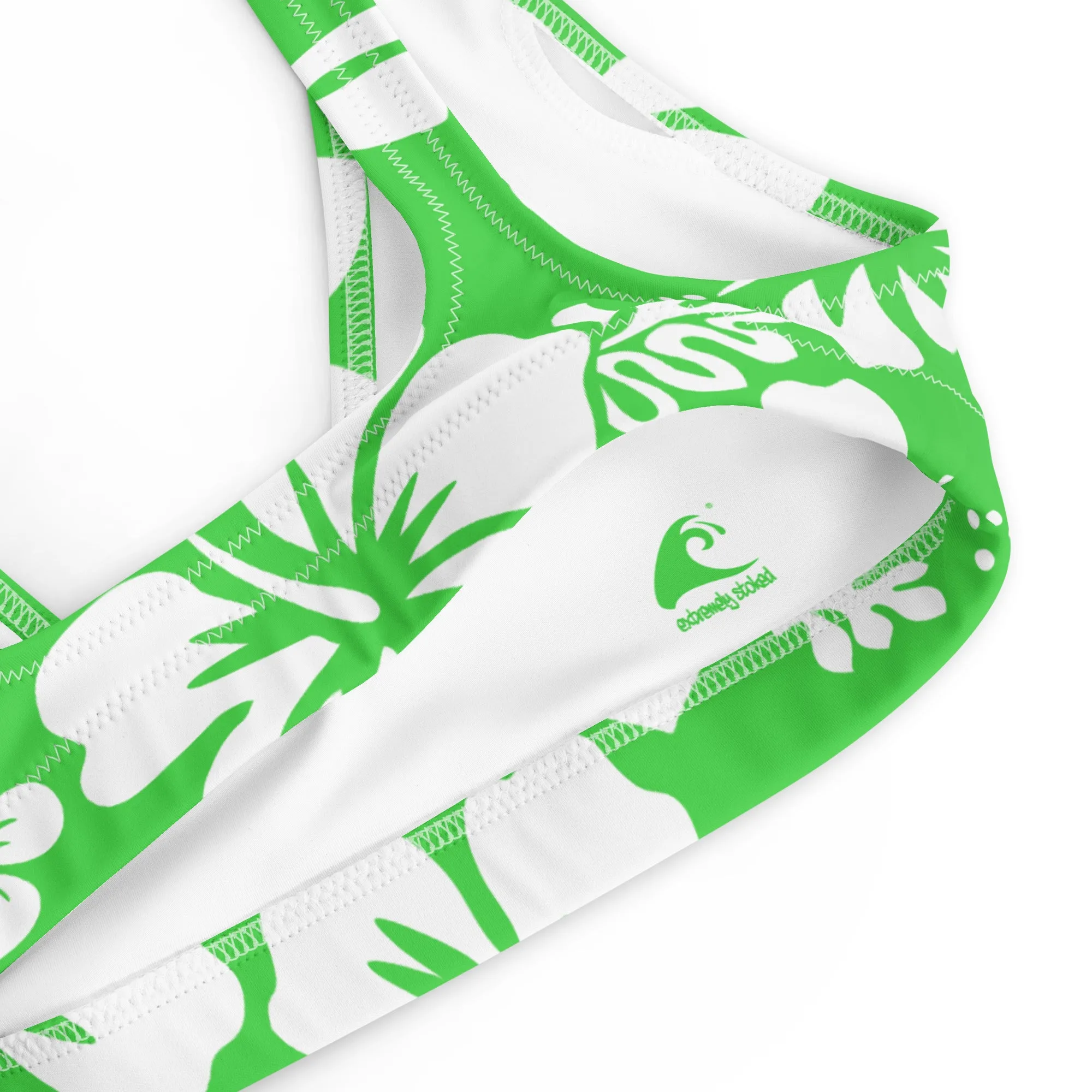 White Hawaiian Flowers on Lime Green Halter Bikini Top