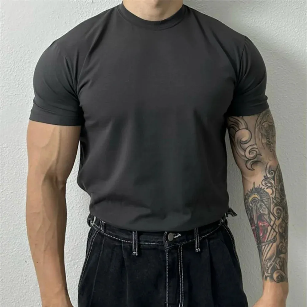 Wiaofellas Large Size Solid All-match O Neck Casual T-shirt Summer New Elastic Slim Short Sleeve T-shirt Tops Men's Fitness Sports Tights
