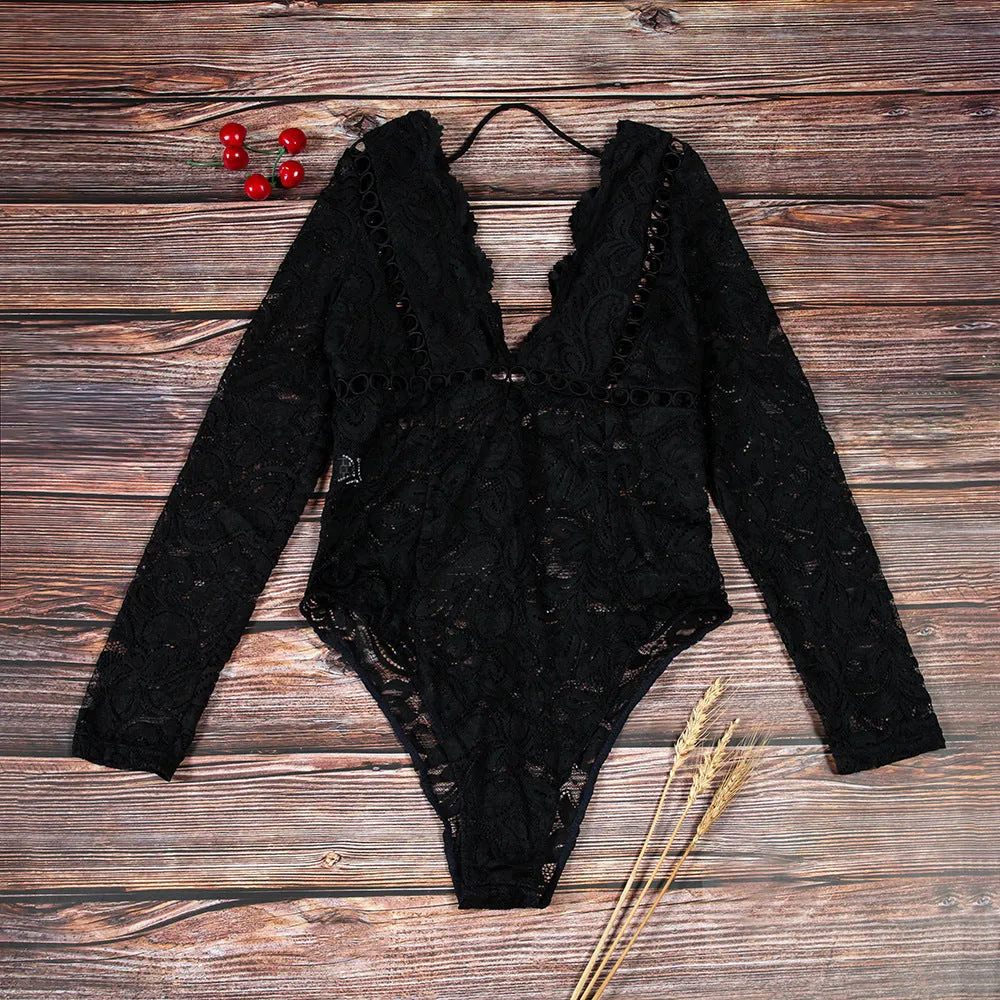 Women Deep V Neck Long Sleeve Lace White Bodysuit