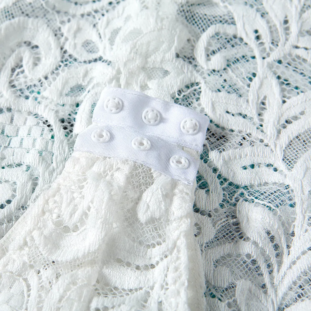 Women Deep V Neck Long Sleeve Lace White Bodysuit