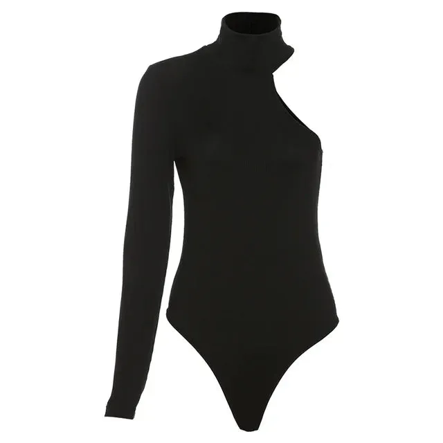 Women Turtleneck Black One Shoulder Kintted Bodysuit