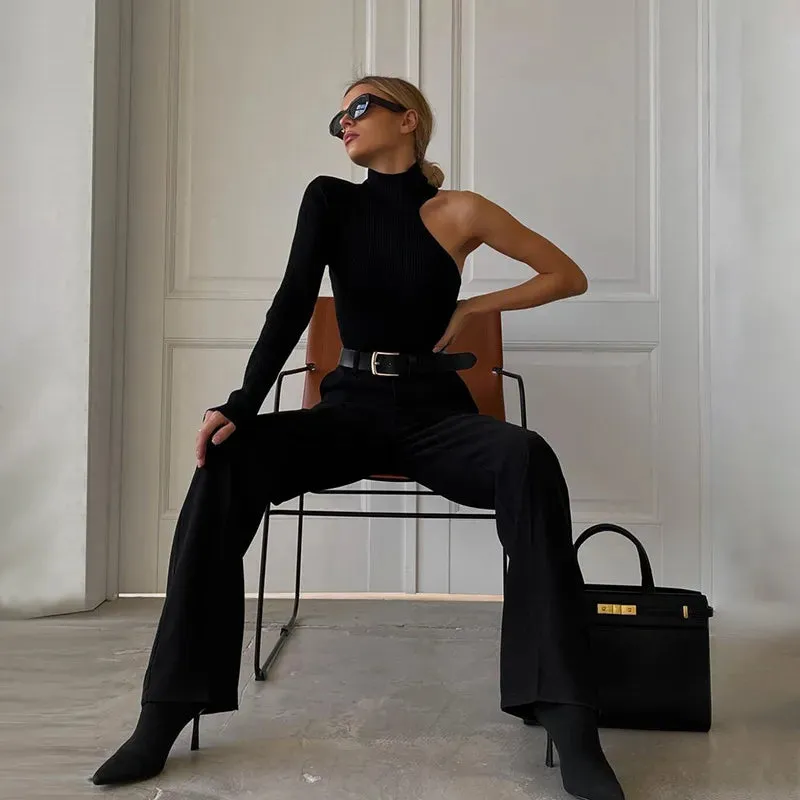Women Turtleneck Black One Shoulder Kintted Bodysuit