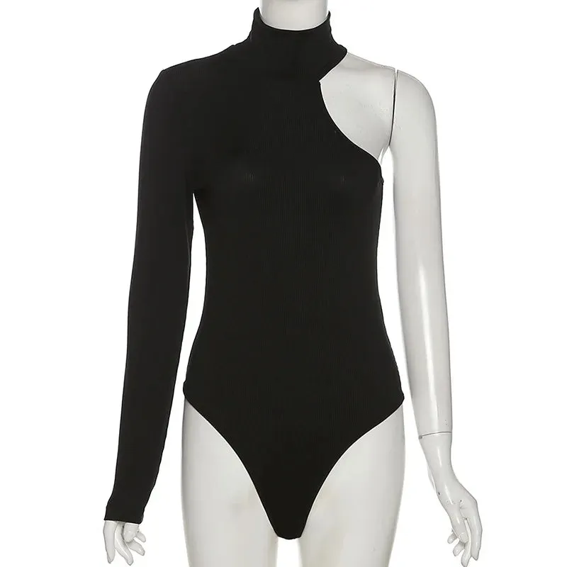 Women Turtleneck Black One Shoulder Kintted Bodysuit