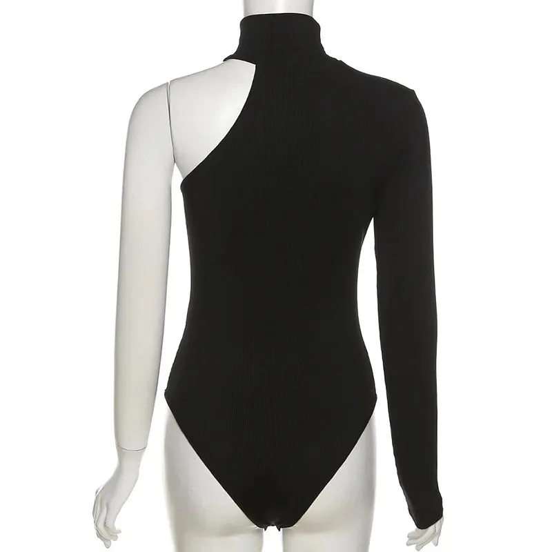 Women Turtleneck Black One Shoulder Kintted Bodysuit