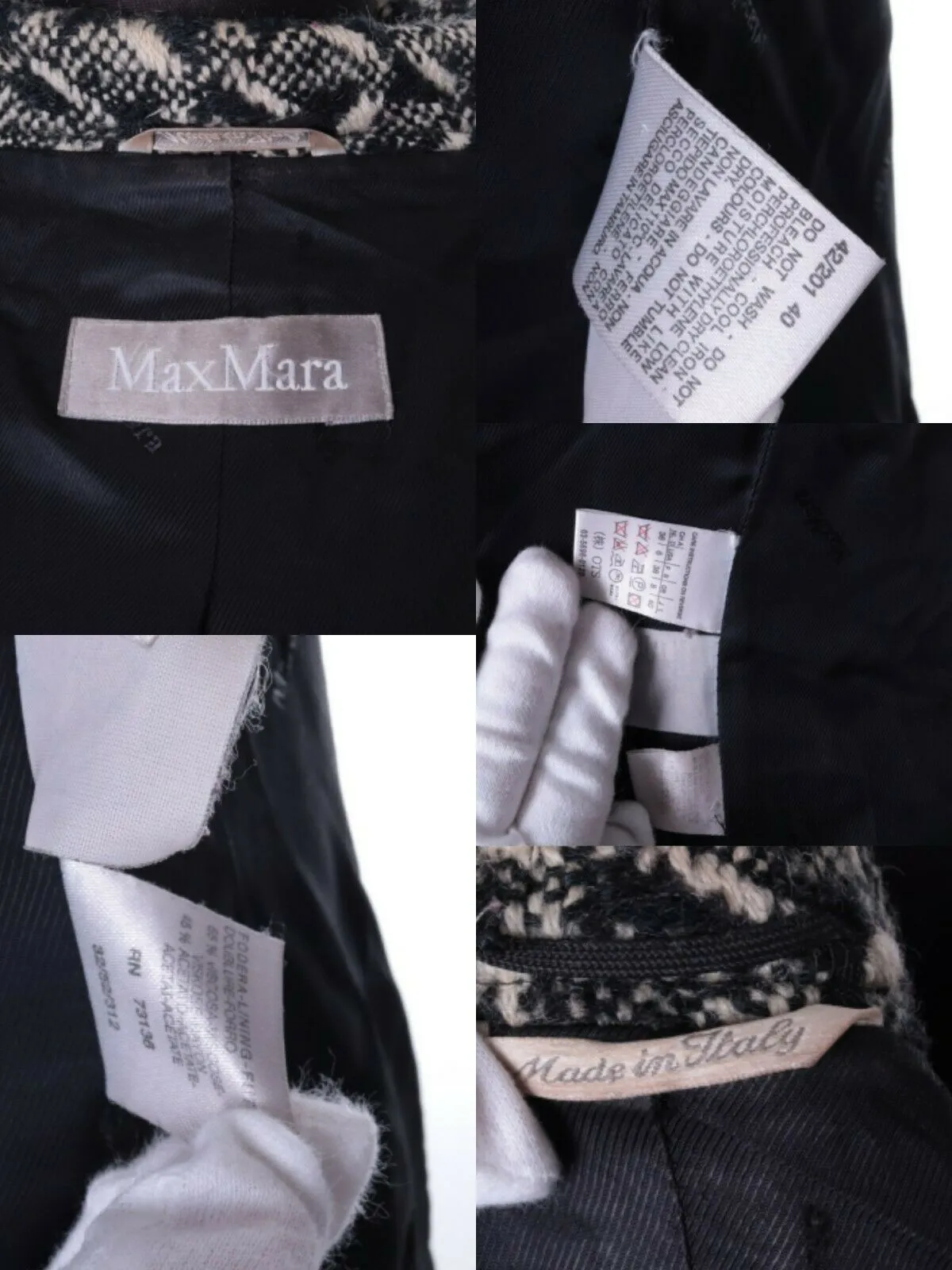 Women's MAX MARA Black & White Wool Overcoat Size uk 8 us 6