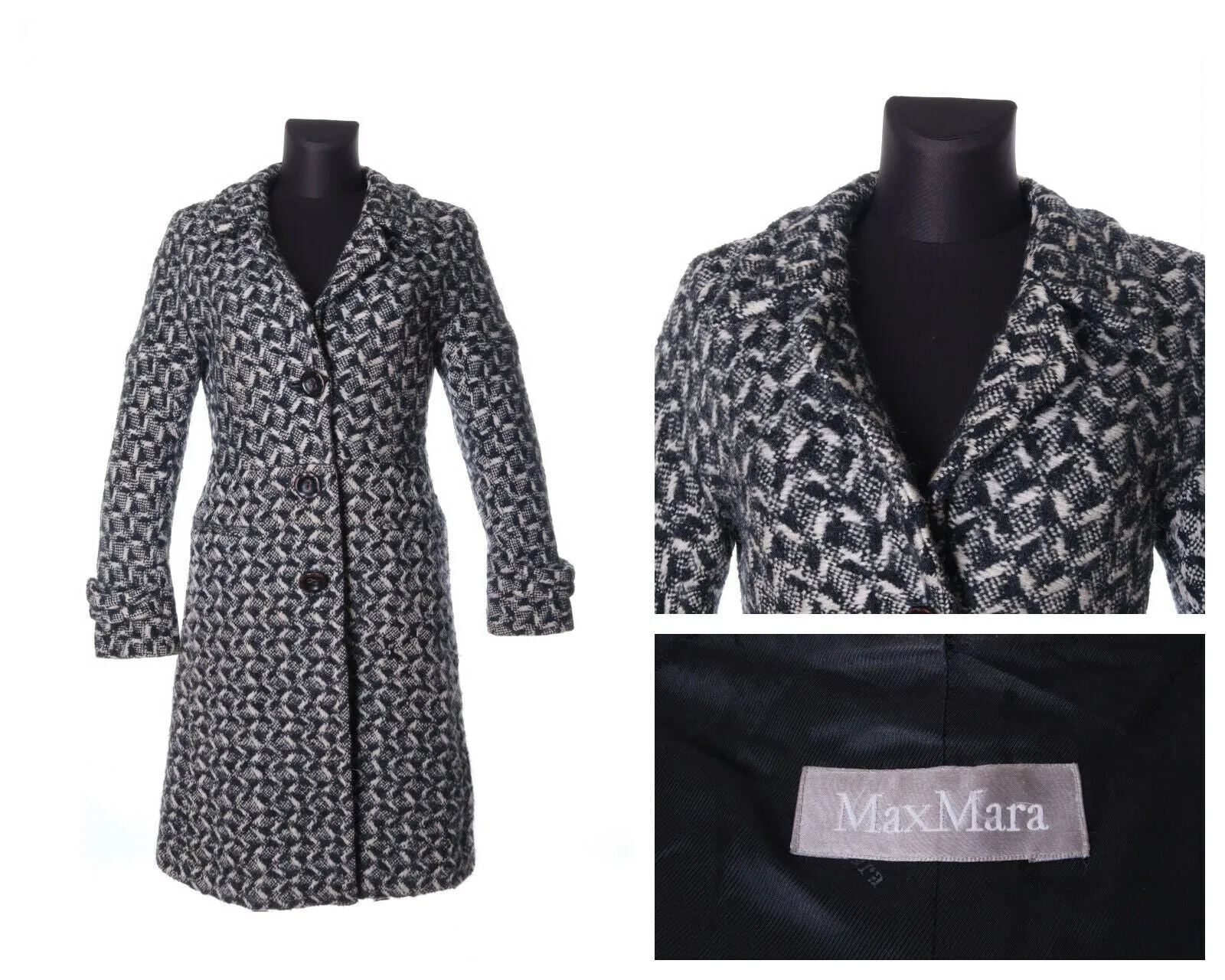 Women's MAX MARA Black & White Wool Overcoat Size uk 8 us 6