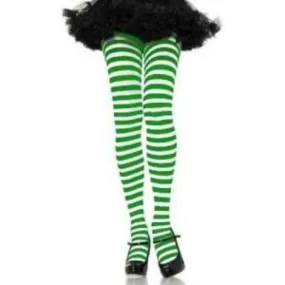 Womens Nylon White/Kelly Green Stripe Tights - One Size Fits Most