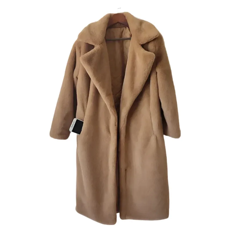 Women's Winter Faux Rabbit Fur Coat – Luxury Long Plush Overcoat, Thick Warm Lapel Jacket, Loose Fit Plus Size